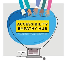 a Accessibility Empathy Hub Changing People's Perceptions branded logo with five diverse arms reaching for a laptop